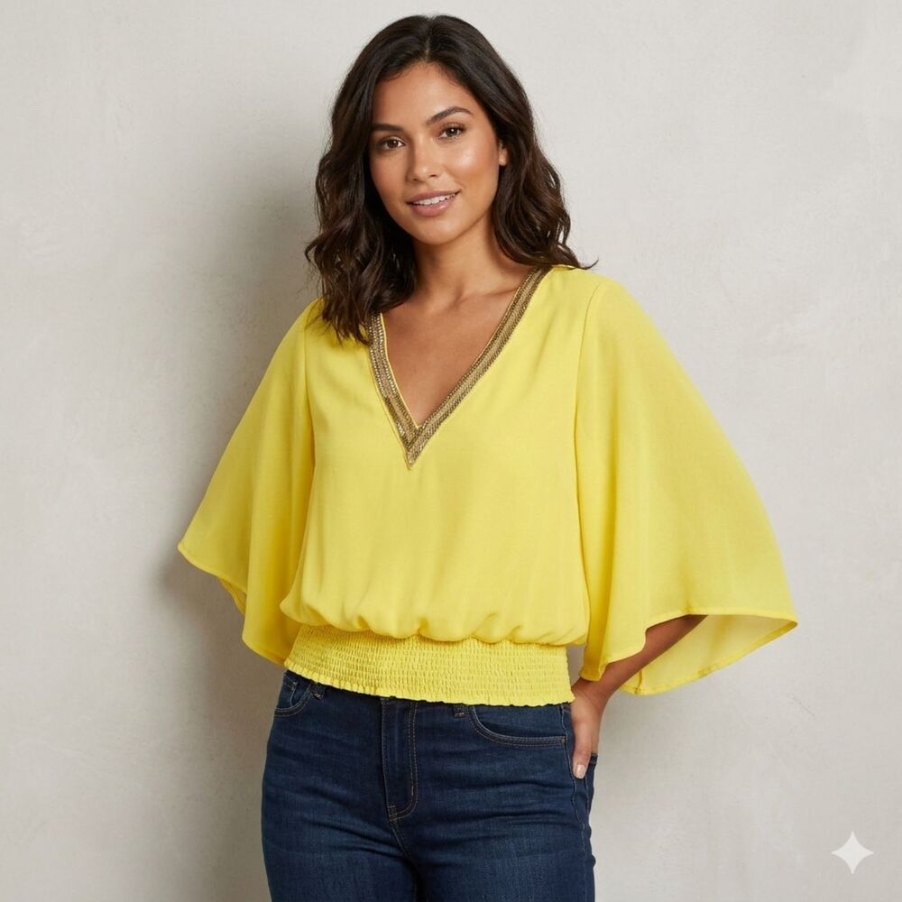 BEBE Yellow Blouse Small Beaded V-Neck Shirred Waist Peasant Top Boho Festival